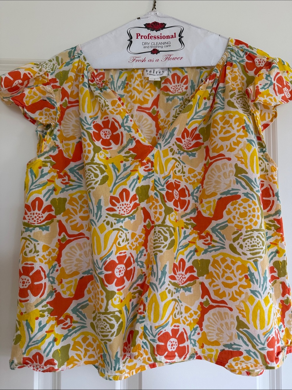 Velvet Floral V-Neck Flutter Sleeve Top in Yellow, Orange & Green